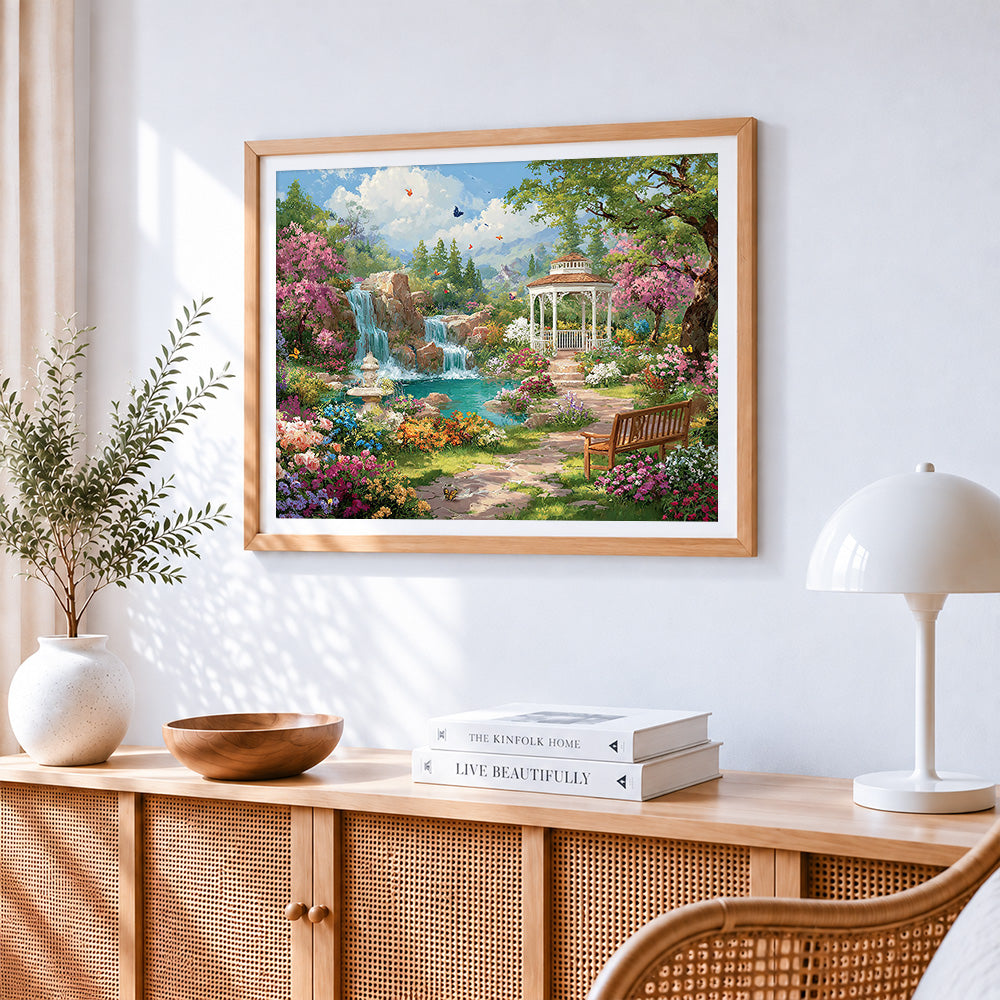 Enchanted garden waterfall and gazebo paint by numbers artwork displayed on wall as home decor