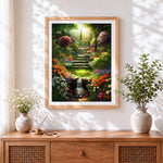 Finished enchanted garden waterfall and steps cross stitch artwork displayed