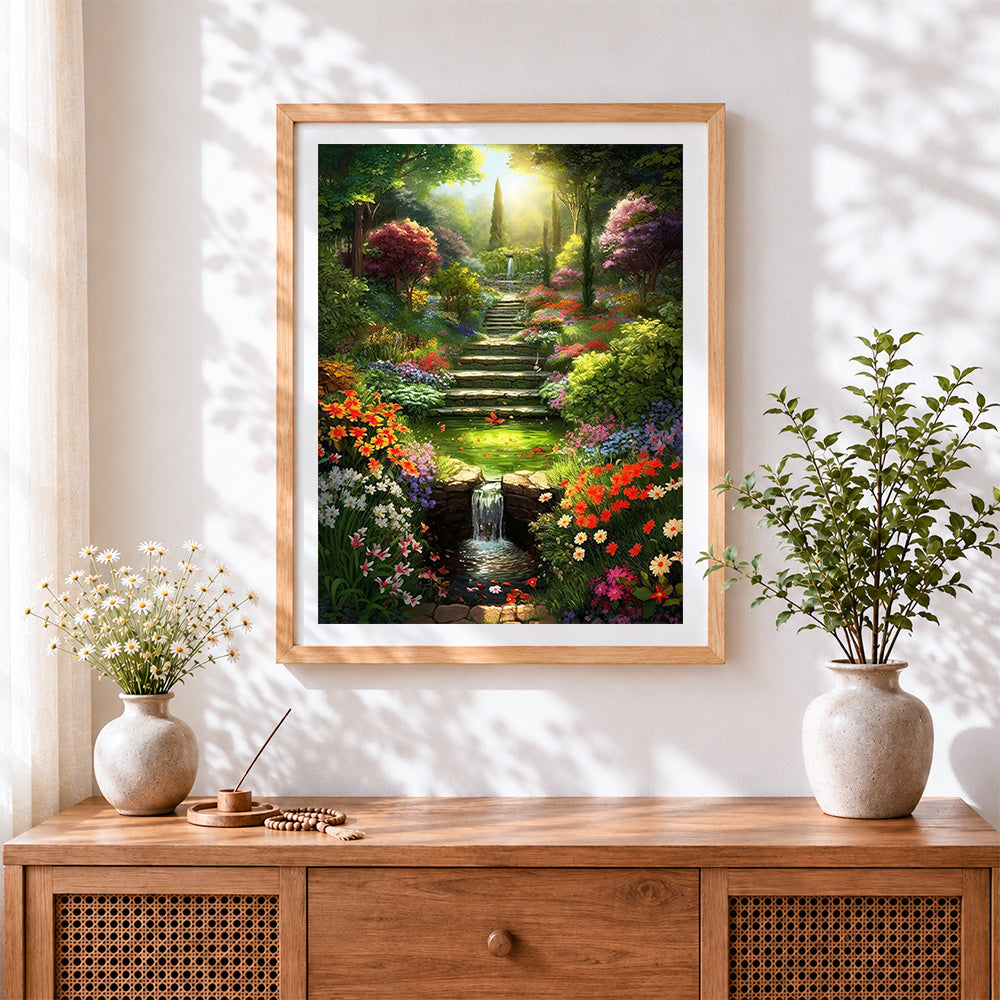 Finished enchanted garden waterfall and steps cross stitch artwork displayed