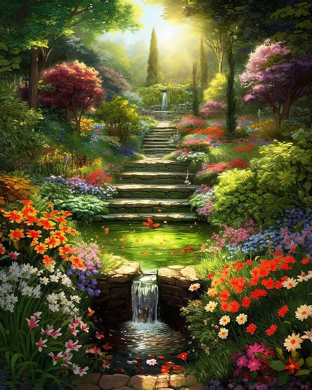Enchanted garden waterfall and steps cross stitch kit for beginners