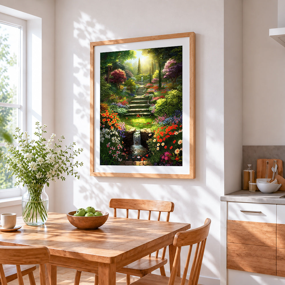 Enchanted garden waterfall and steps cross stitch artwork displayed on wall as home decor