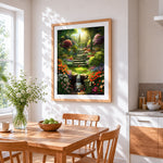 Enchanted garden waterfall and steps cross stitch artwork displayed on wall as home decor