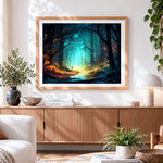 Finished enchanted glowing forest paint by numbers artwork displayed as home decor