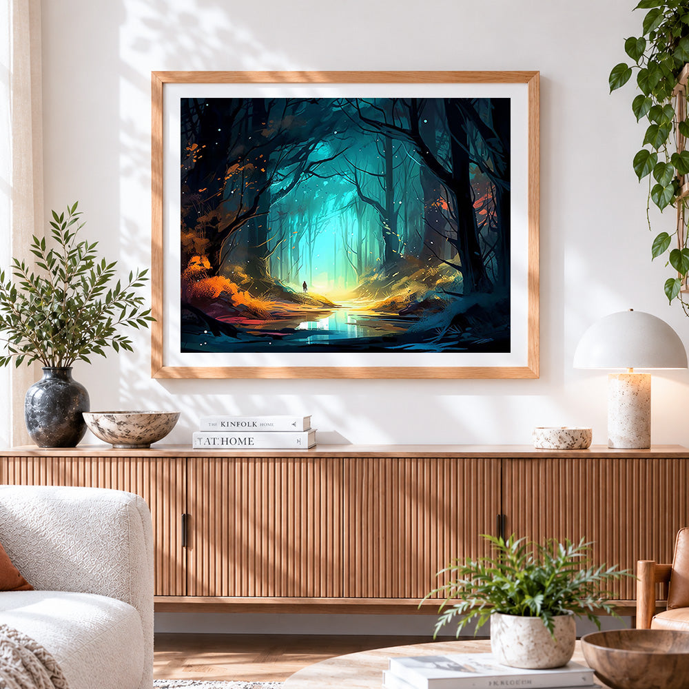 Finished enchanted glowing forest paint by numbers artwork displayed as home decor