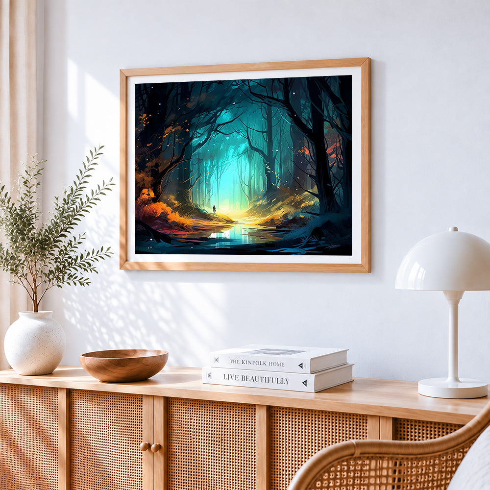 Enchanted glowing forest paint by numbers artwork displayed on wall as home decor