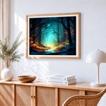 Enchanted glowing forest paint by numbers artwork displayed on wall as home decor