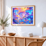 Enchanted glowing mushroom forest cross stitch artwork displayed on wall as home decor