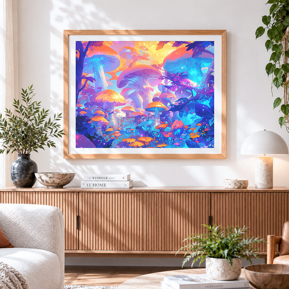 Finished enchanted glowing mushroom forest paint by numbers artwork displayed as home decor