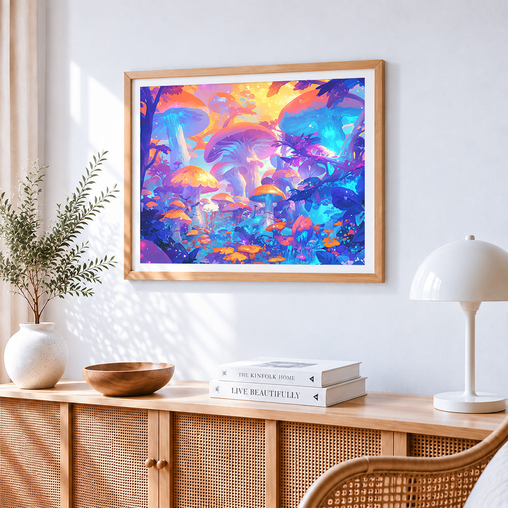 Enchanted glowing mushroom forest paint by numbers artwork displayed on wall as home decor