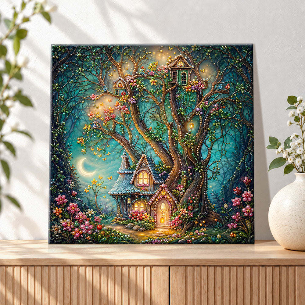 Finished enchanted moonlit treehouse pearl diamond painting artwork displayed as holiday home decor
