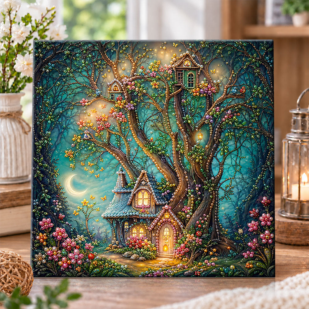 Enchanted moonlit treehouse pearl diamond painting kit for beginners