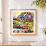 Finished enchanted stone cottage and flower garden paint by numbers artwork displayed as home decor