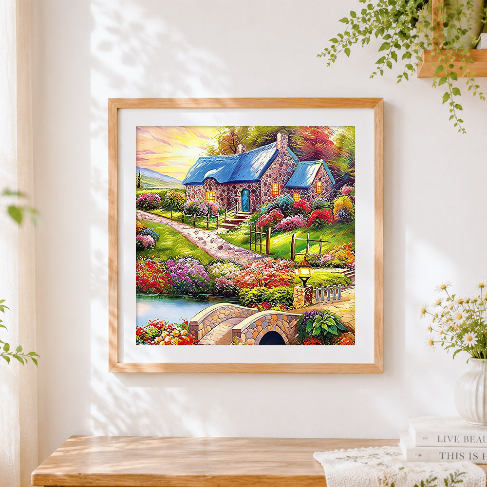 Finished enchanted stone cottage and flower garden paint by numbers artwork displayed as home decor