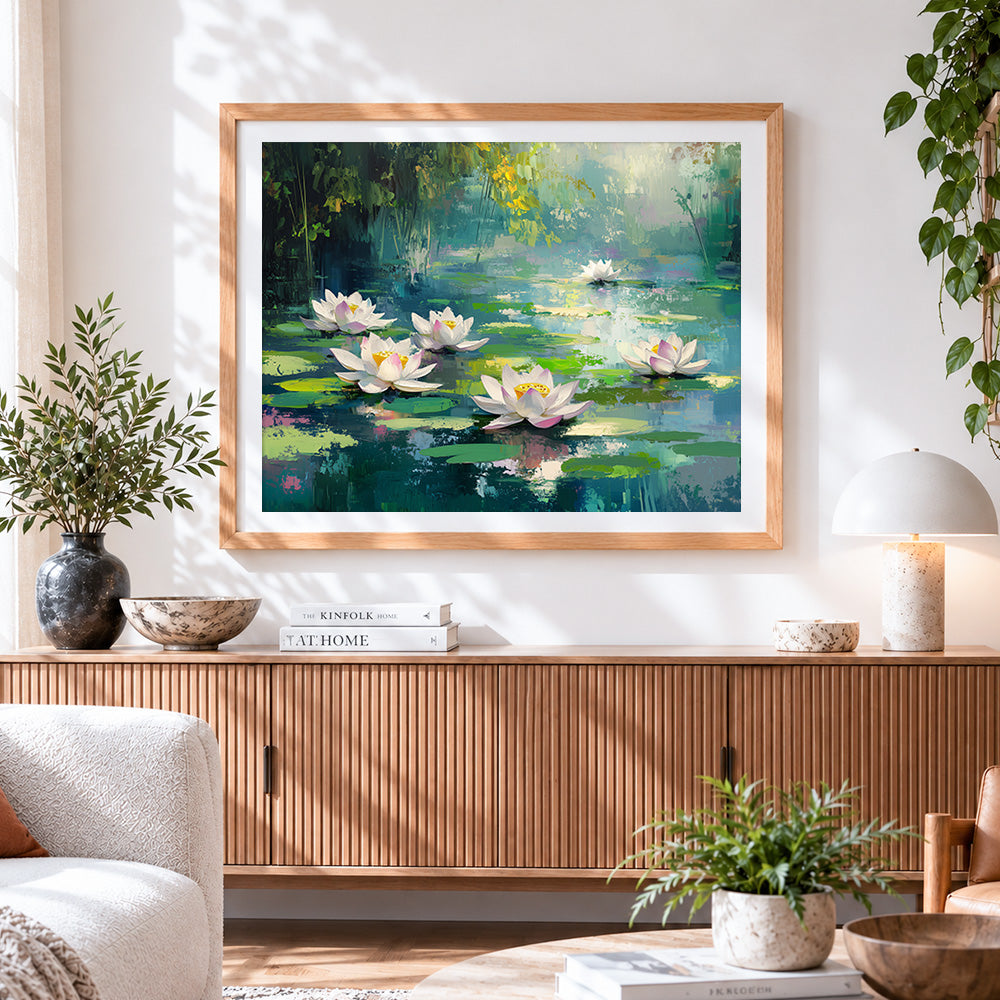 Finished enchanted water lily pond paint by numbers artwork displayed as home decor