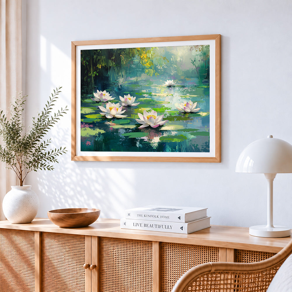 Enchanted water lily pond paint by numbers artwork displayed on wall as home decor