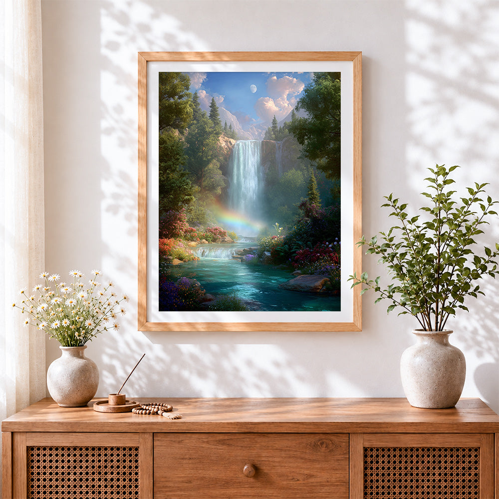 Finished enchanted waterfall and rainbow cross stitch artwork displayed