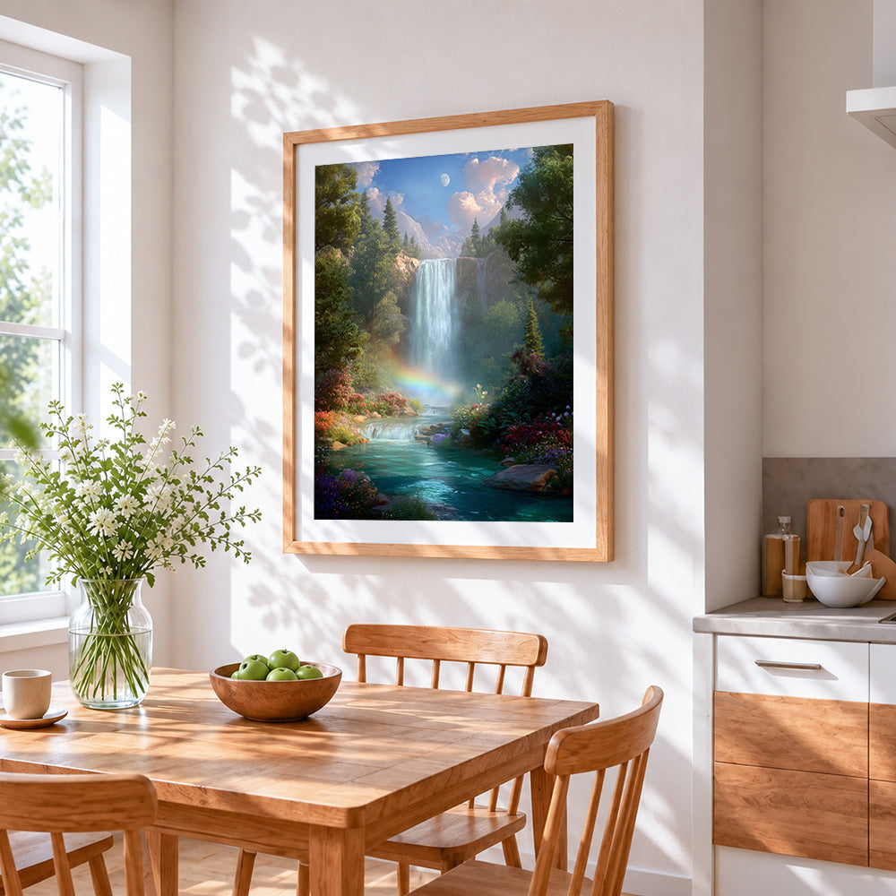 Enchanted waterfall and rainbow cross stitch artwork displayed on wall as home decor
