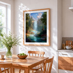 Enchanted waterfall and rainbow cross stitch artwork displayed on wall as home decor