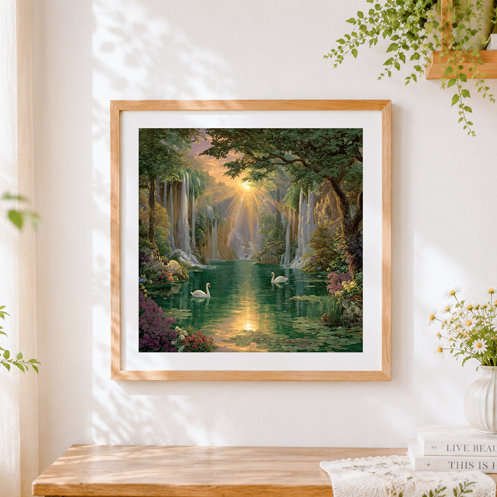 Finished enchanted waterfall and swans cross stitch artwork displayed