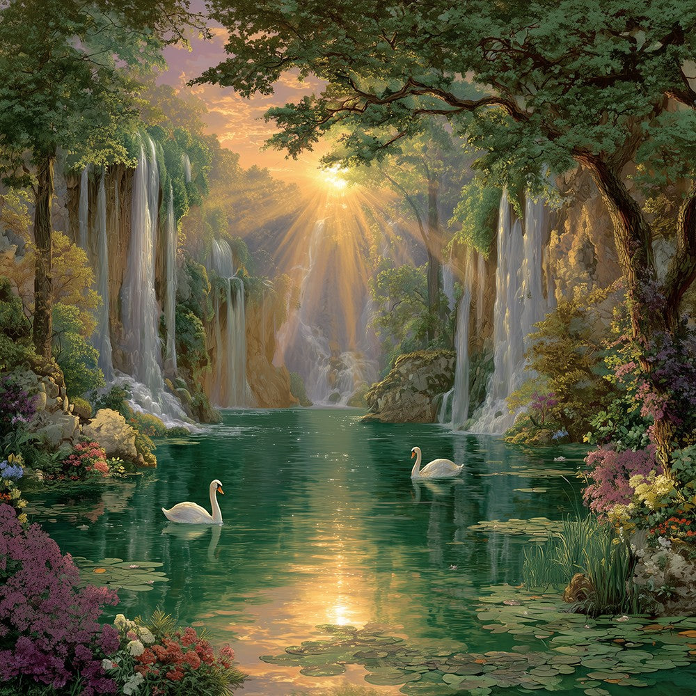 Enchanted waterfall and swans cross stitch kit for beginners