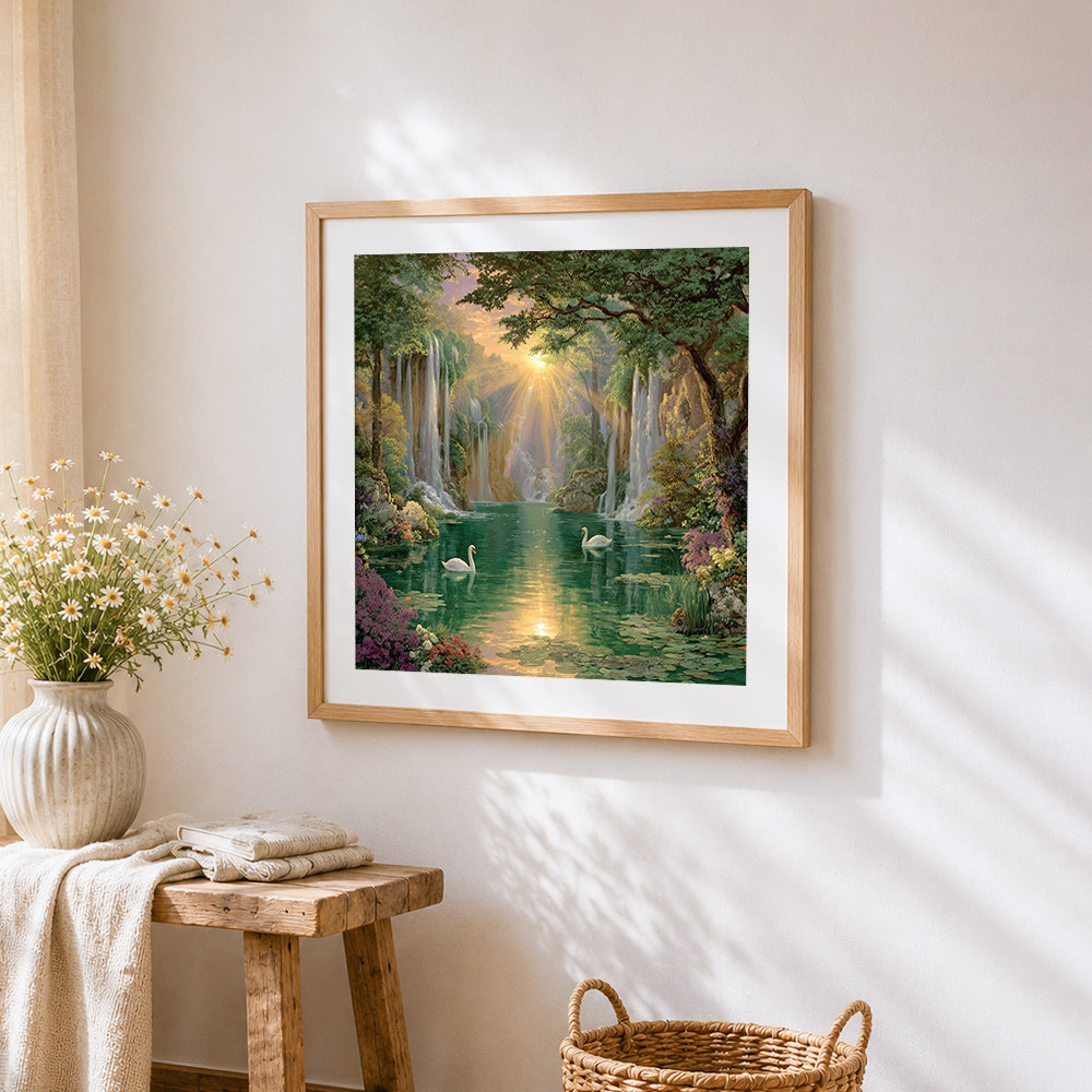 Enchanted waterfall and swans cross stitch artwork displayed on wall as home decor