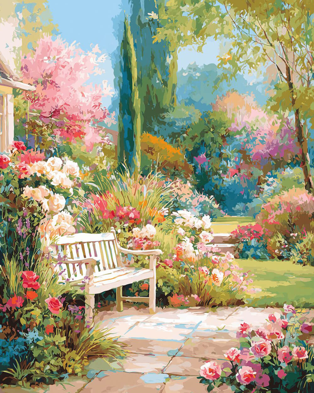 English garden bench and blooming flowers cross stitch kit for beginners