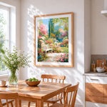 English garden bench and blooming flowers cross stitch artwork displayed on wall as home decor