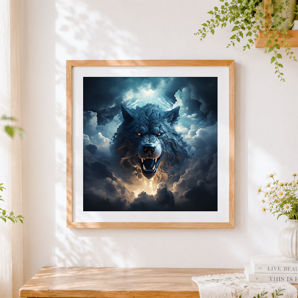 Finished epic roaring wolf in the clouds cross stitch artwork displayed