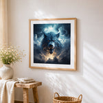 Epic roaring wolf in the clouds cross stitch artwork displayed on wall as home decor
