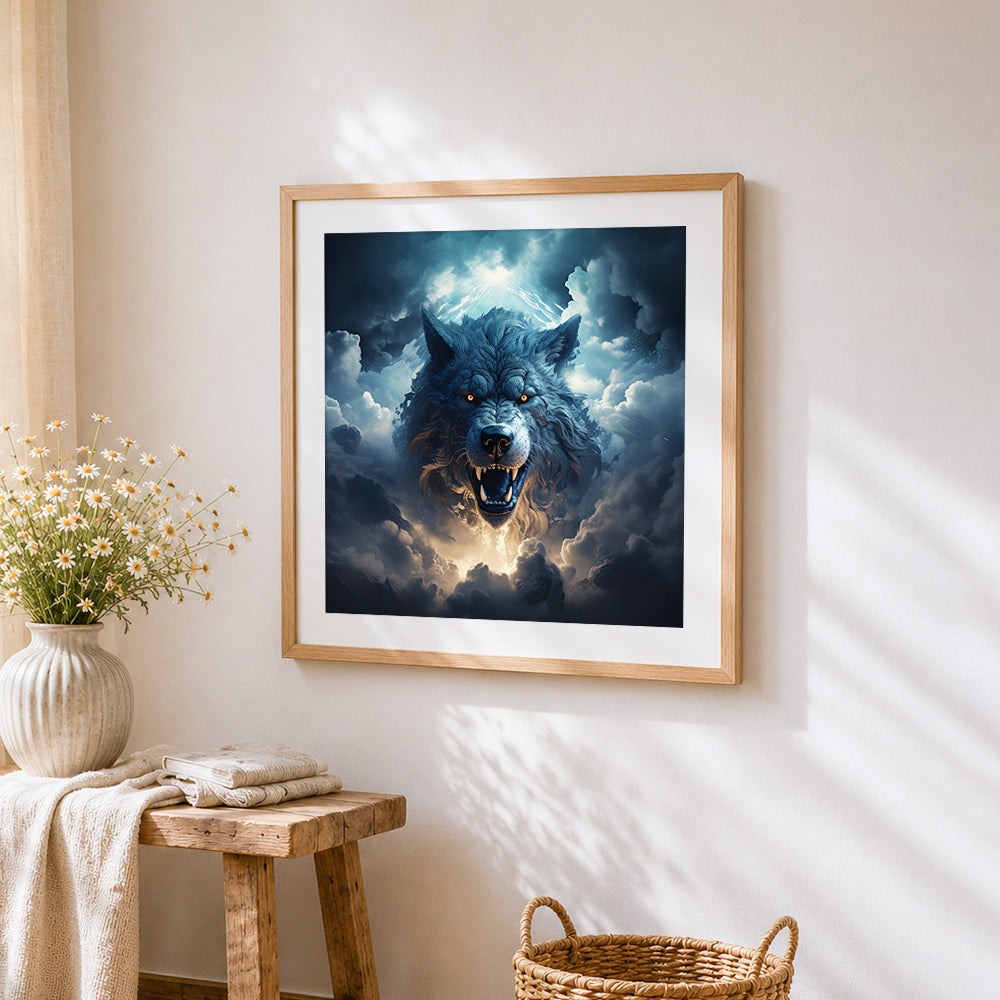 Epic roaring wolf in the clouds cross stitch artwork displayed on wall as home decor