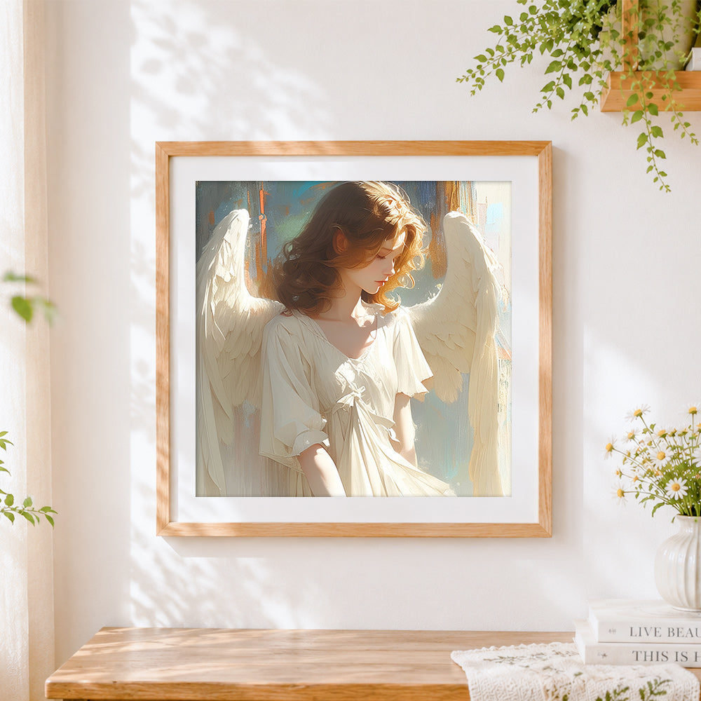 Finished ethereal angel woman with wings cross stitch artwork displayed