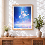 Finished ethereal ballerina in blue light cross stitch artwork displayed