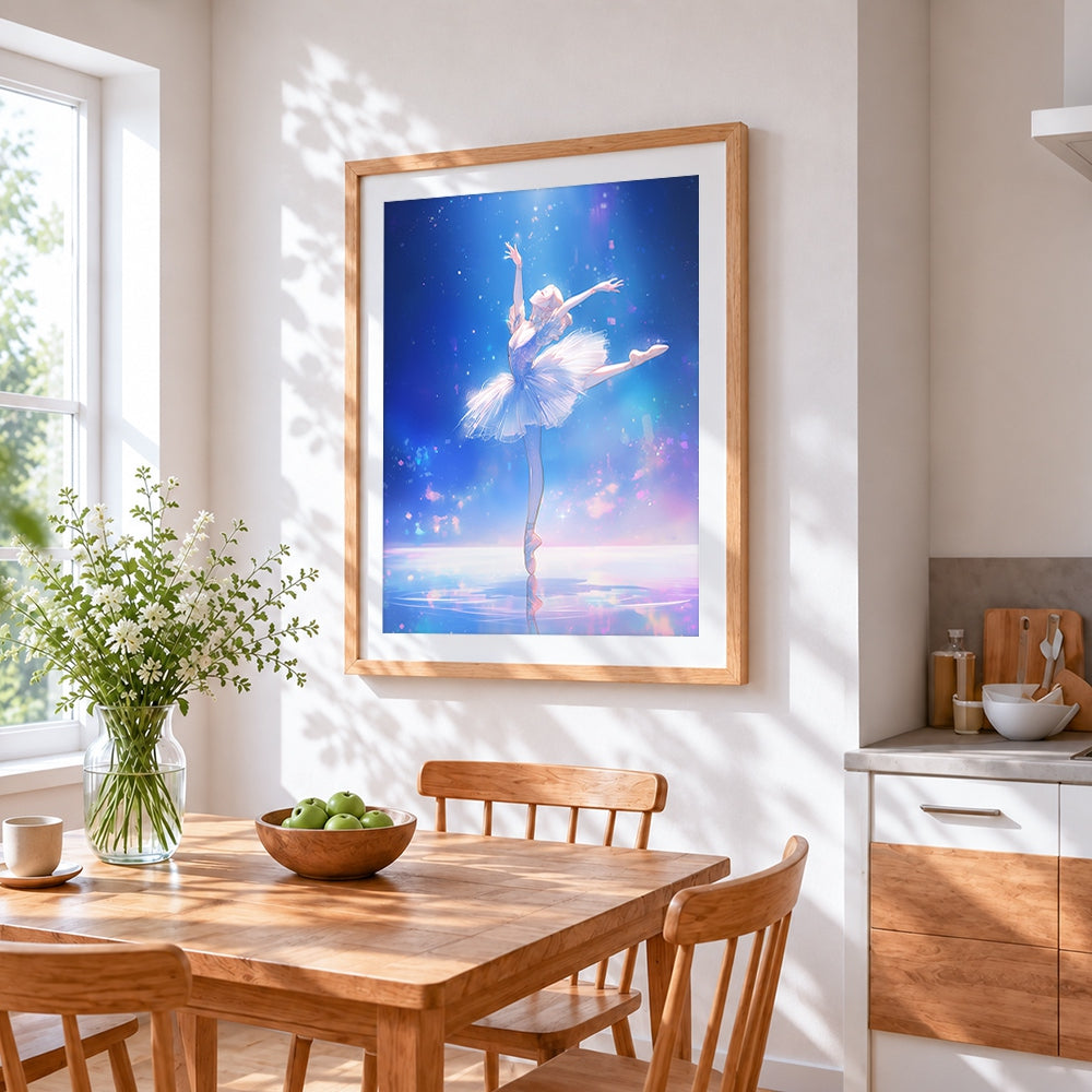Ethereal ballerina in blue light cross stitch artwork displayed on wall as home decor