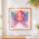 Finished ethereal butterfly fairy cross stitch artwork displayed