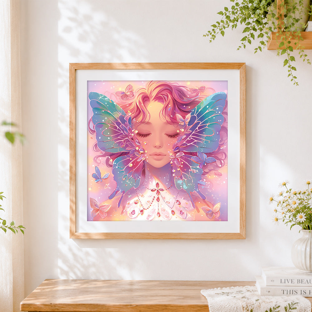 Finished ethereal butterfly fairy cross stitch artwork displayed