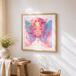 Ethereal butterfly fairy cross stitch artwork displayed on wall as home decor