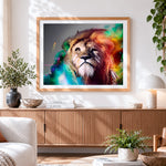 Finished ethereal colourful lion cross stitch artwork displayed