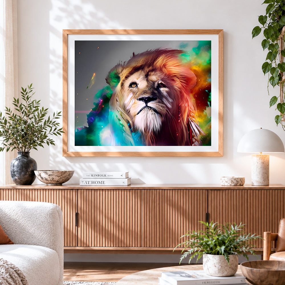 Finished ethereal colourful lion cross stitch artwork displayed