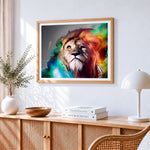 Ethereal colourful lion cross stitch artwork displayed on wall as home decor