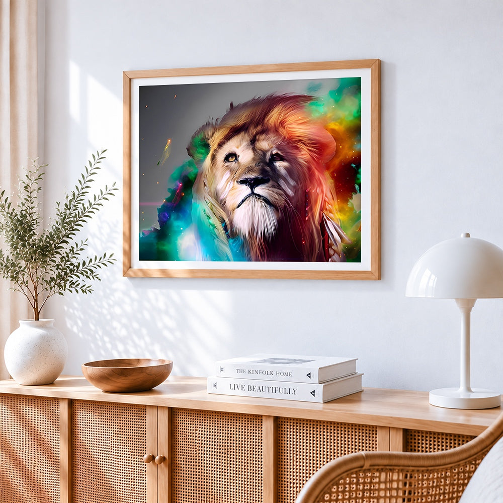 Ethereal colourful lion cross stitch artwork displayed on wall as home decor