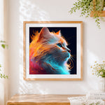 Finished ethereal glowing cat cross stitch artwork displayed