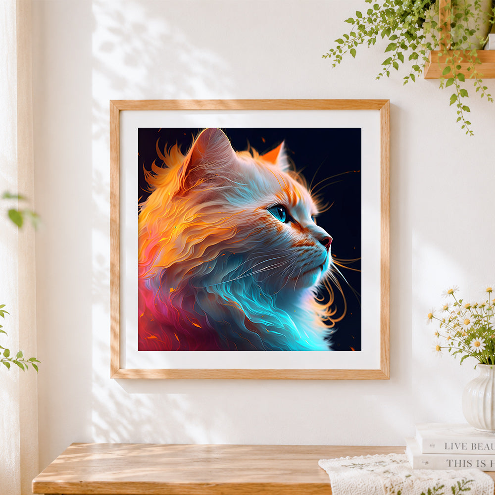 Finished ethereal glowing cat cross stitch artwork displayed