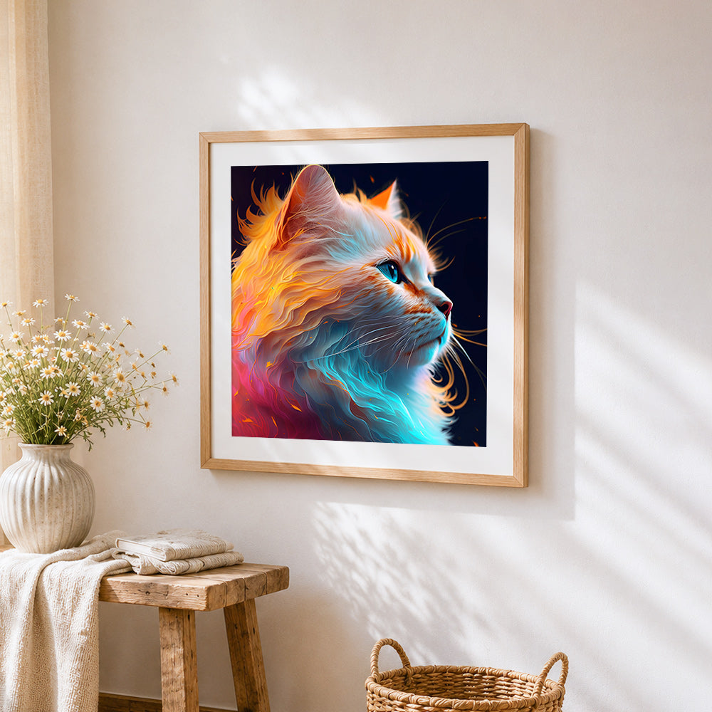 Ethereal glowing cat cross stitch artwork displayed on wall as home decor