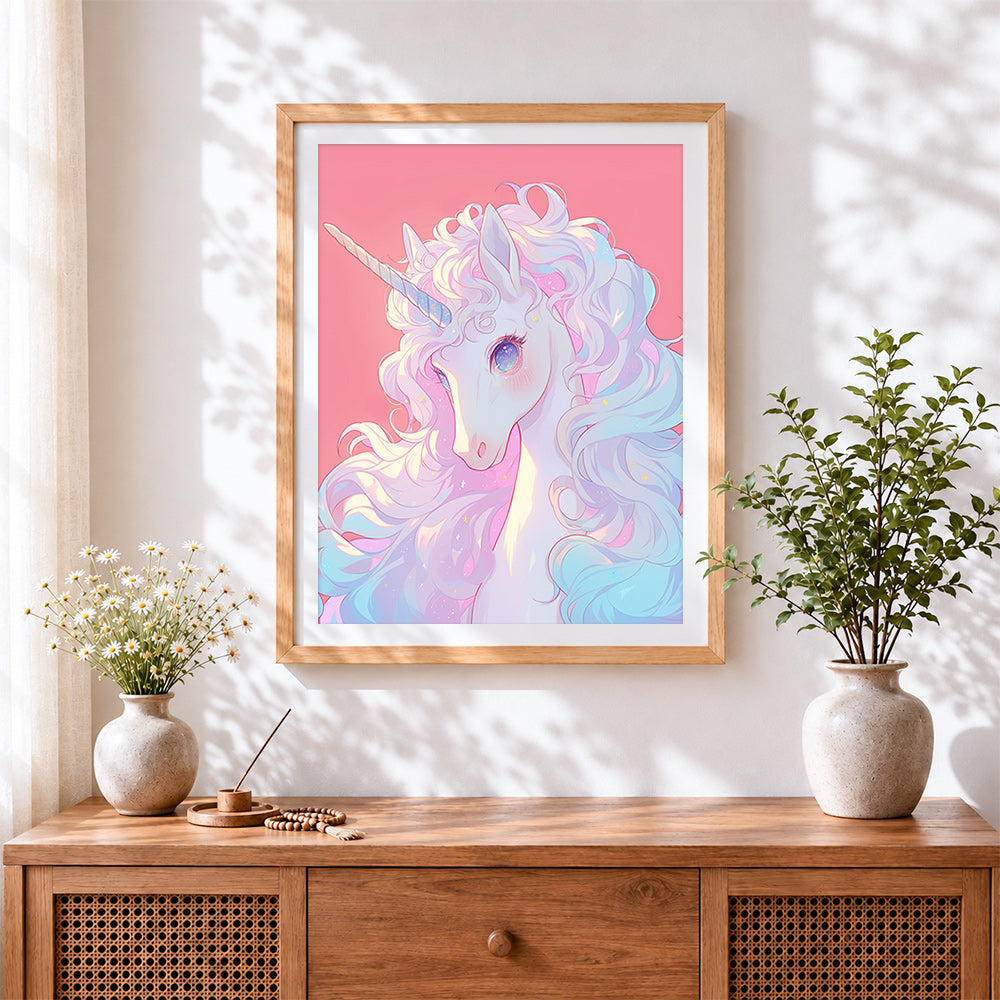 Finished ethereal pastel glowing unicorn cross stitch artwork displayed