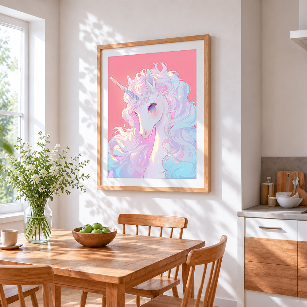 Ethereal pastel glowing unicorn cross stitch artwork displayed on wall as home decor