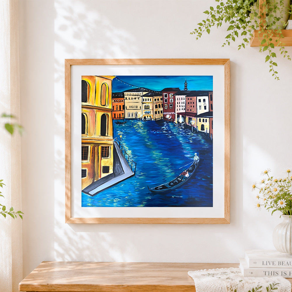 Finished evening glow on the grand canal cross stitch artwork displayed