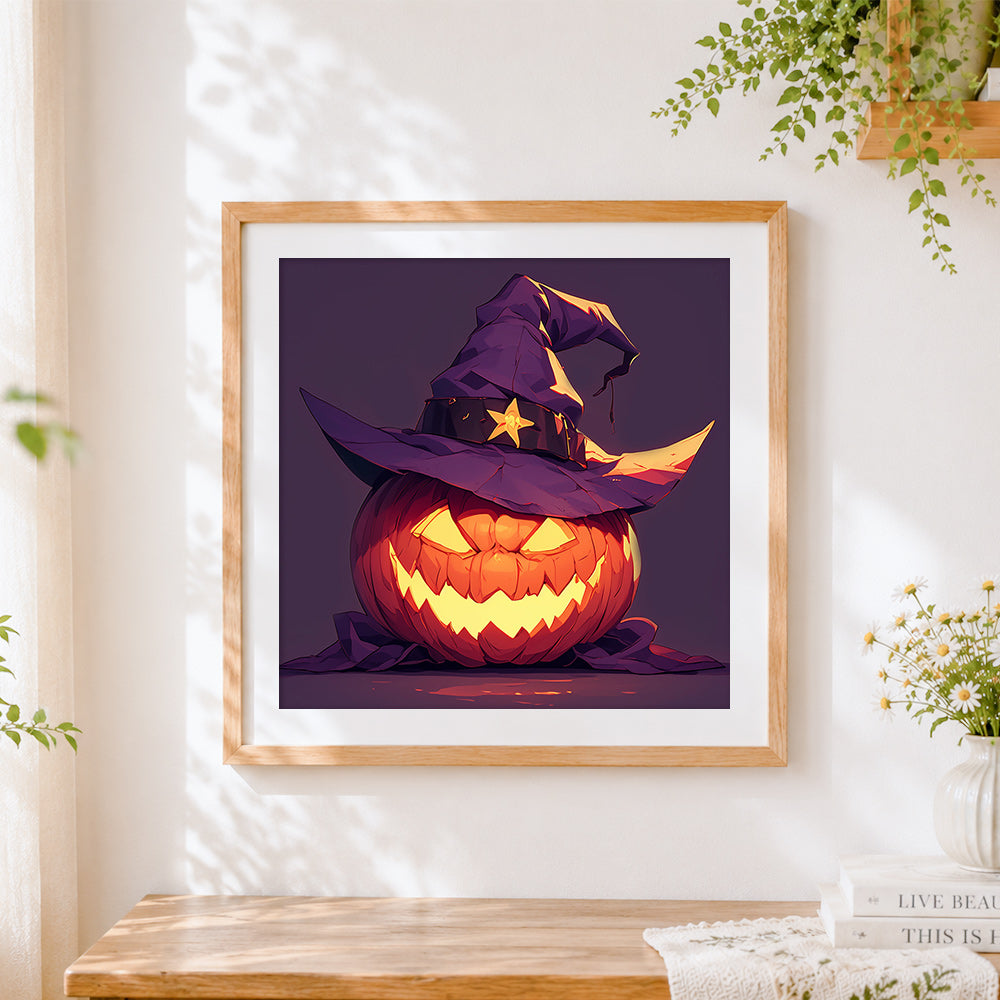 Finished evil pumpkin with a witch hat cross stitch artwork displayed