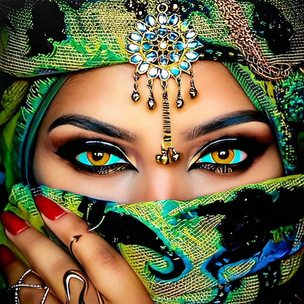 Exotic woman with green veil cross stitch kit for beginners