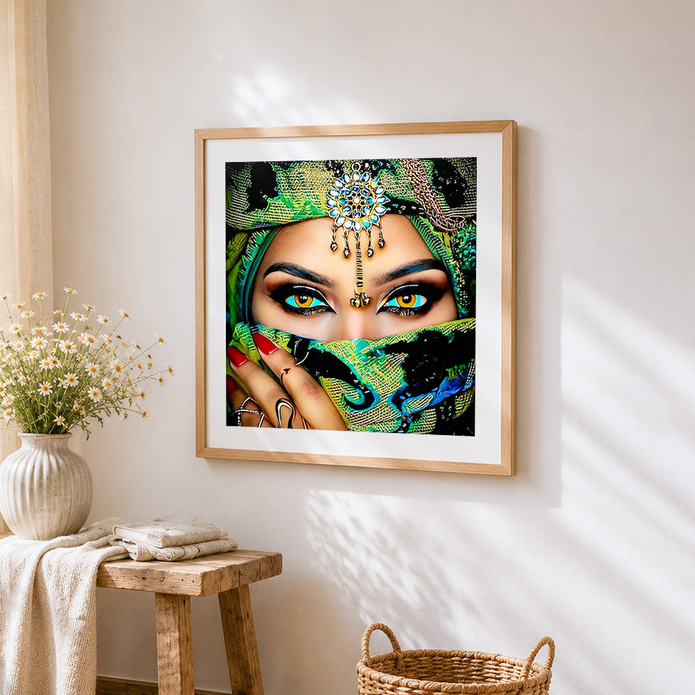 Exotic woman with green veil cross stitch artwork displayed on wall as home decor