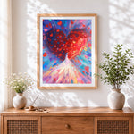 Finished exploding heart of love cross stitch artwork displayed